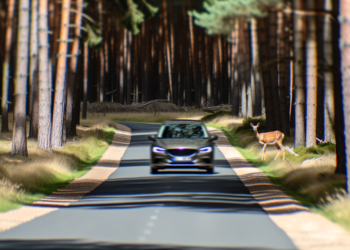 automobil jede přes les